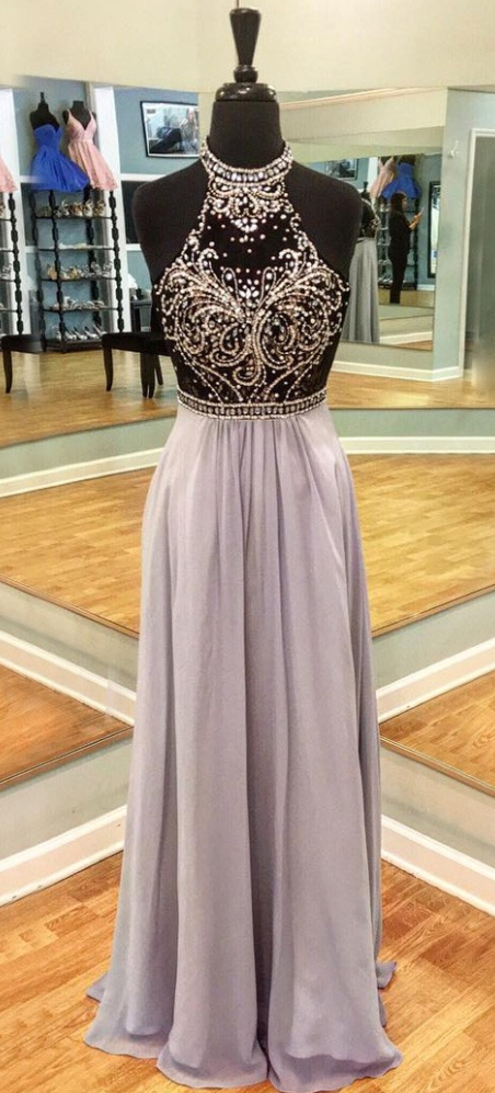 Round Neck Floor Length Lavender Open Back Prom Dress With Beading