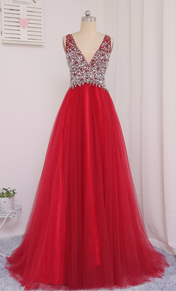 Soft Tulle Actual Photo 2017 Red A-line V-neck Floor-length Beaded Crystal Prom Dresses Vestido De Festa Evening Gowns