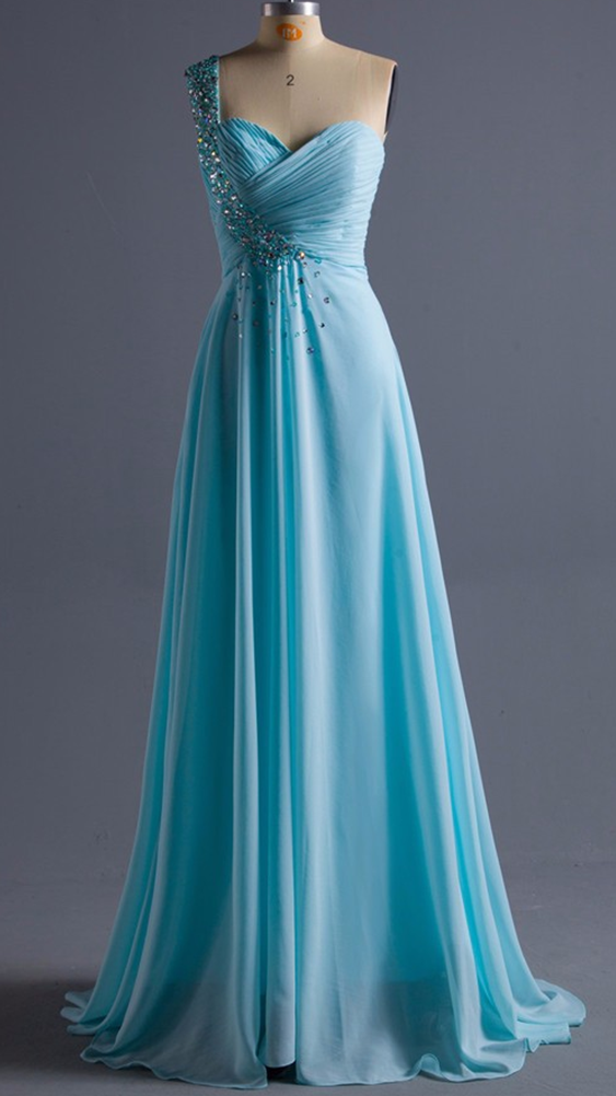 Mint Blue Oneshoulder 2017 Prom Dresses Beaded Crystals Floorlength Ruched Long Beautiful