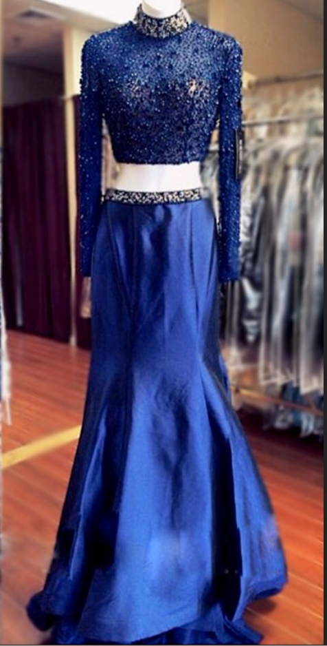 Real Photo Two Pieces Long Sleeve Mermaid Prom Dresses High Neck Crystal Beaded Open Back Royal Blue Black Colors Evening Gowns