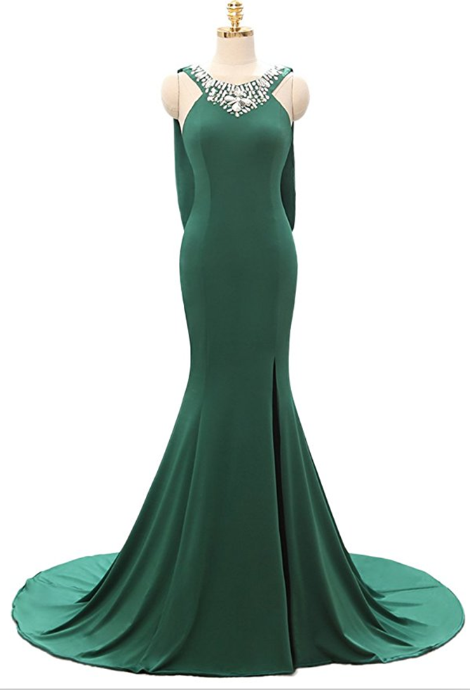 A Line Train Emerald Homecoming Dresses Side Split Long Prom Gowns