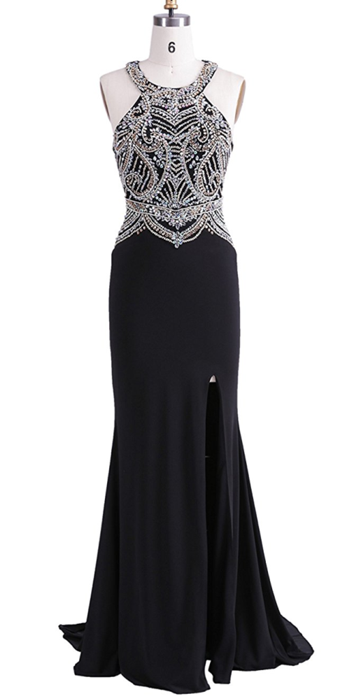 Women's Beaded Sexy Back Halter Trailing Long Prom Dresses