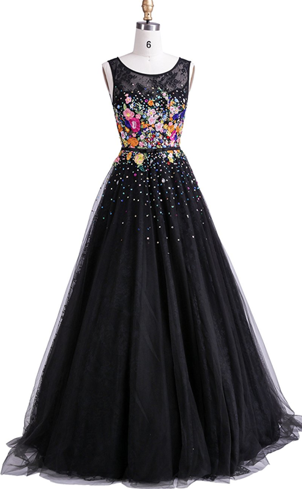 Princess Embroidery Floor-length A-line Black Evening Party Dresses