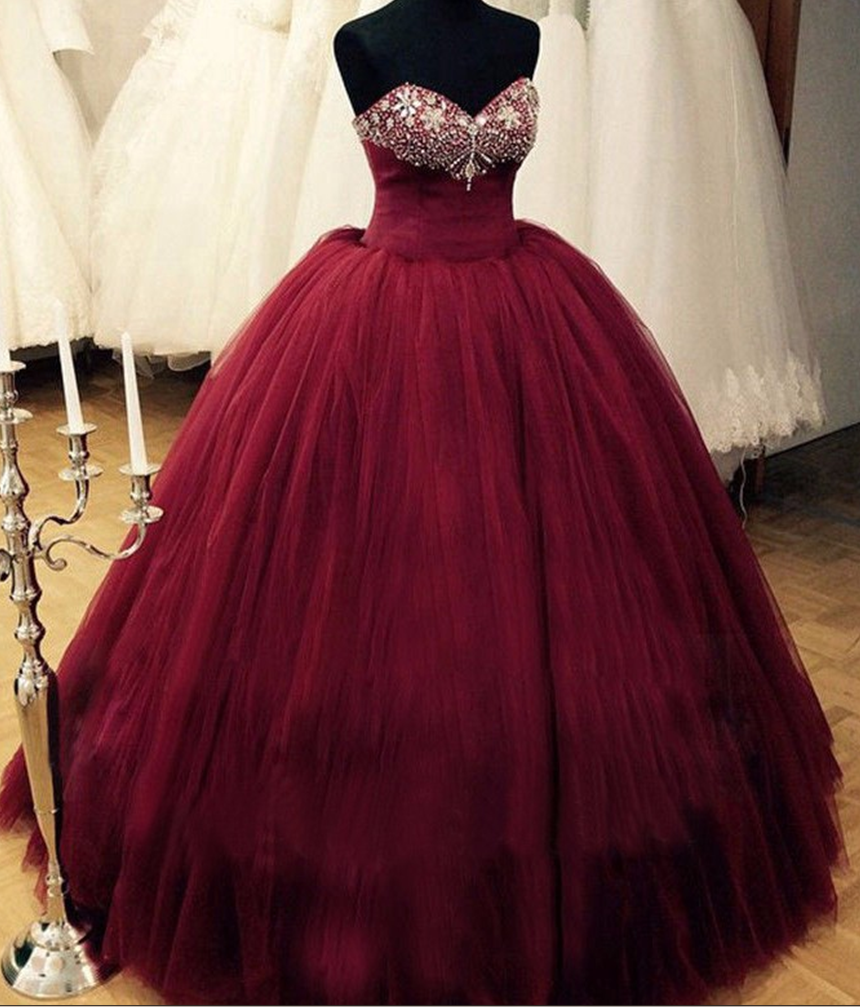 Puffy Burgundy Qinceanera Dresses Prom Dress Ball Gown Beaded Top