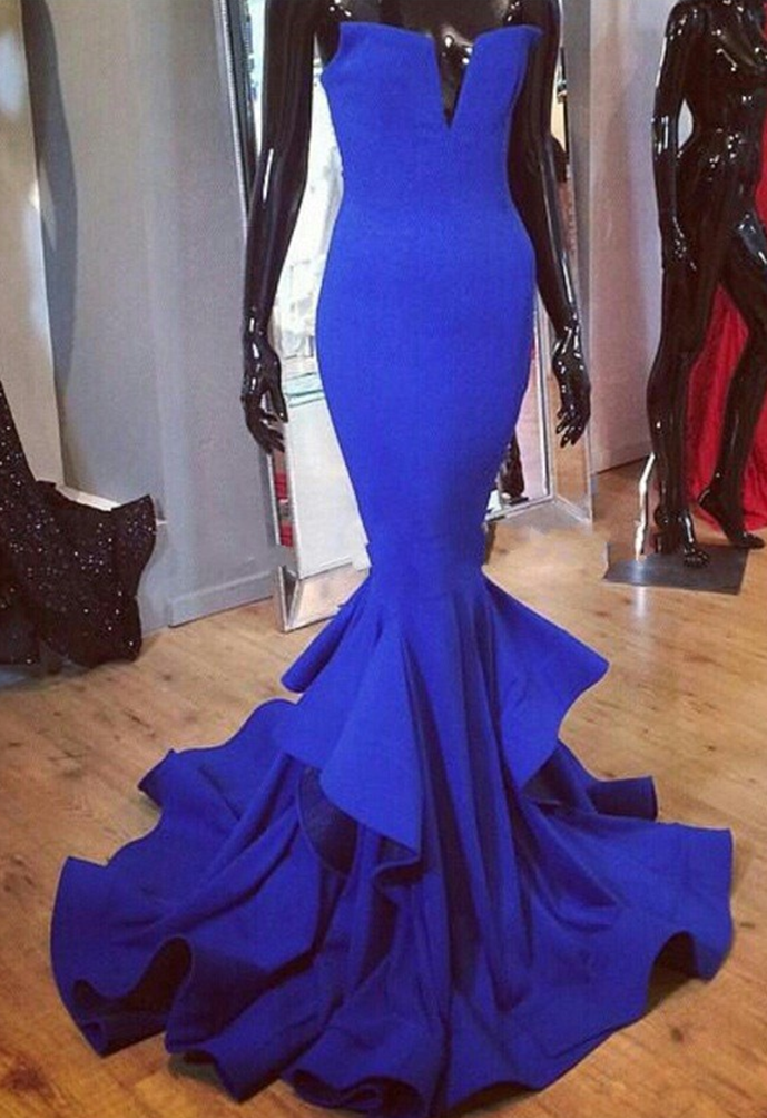 blue mermaid prom dress 2017 Strapless Royal Blue Sequin Feathers Slit Mermaid Prom Dress, Dress+Headpiece