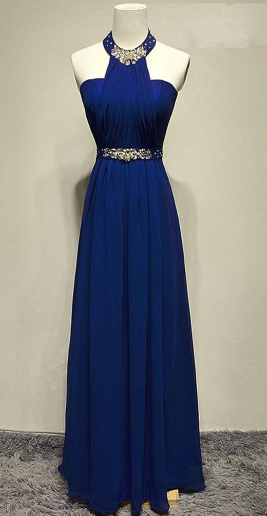 Halter Prom Dress,long Prom Dress 2017,chiffon Evening Gowns,backless Prom Dress,navy Blue Bridesmaid Dresses
