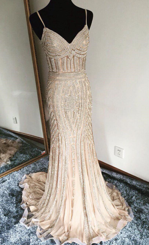 Champagne Prom Dress,mermaid Prom Dress,mermaid Evening Dress,gold Beading Dress,prom Dress 2017,luxury Evening Gowns