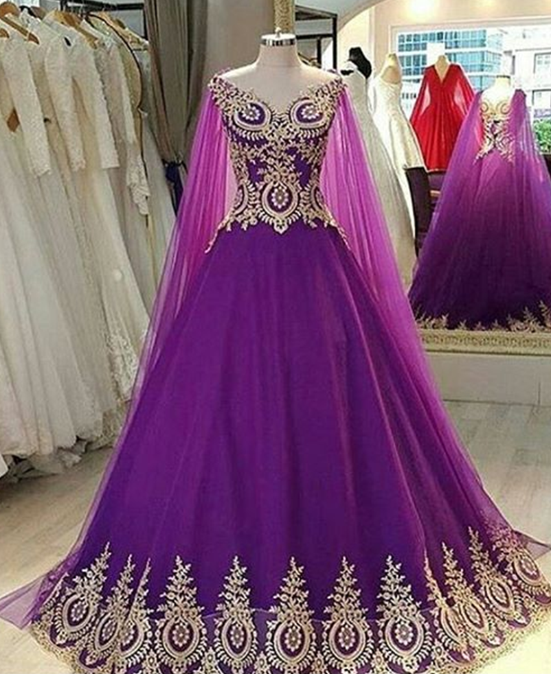 Elegant V Neck Purple Prom Dresses Ball Gowns With Lace Appliques