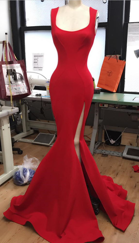 Long Red Jersey Prom Dress,elegant Formal Dress,slit Prom Dress,red Evening Gowns,prom Dress Mermaid 2017