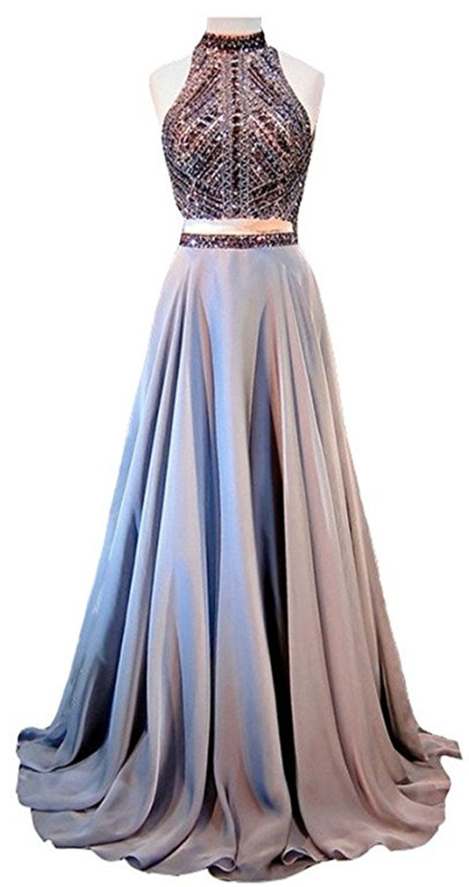 Halter Crystals Sequins Beaded Open Back Two Pieces Long Prom Dress