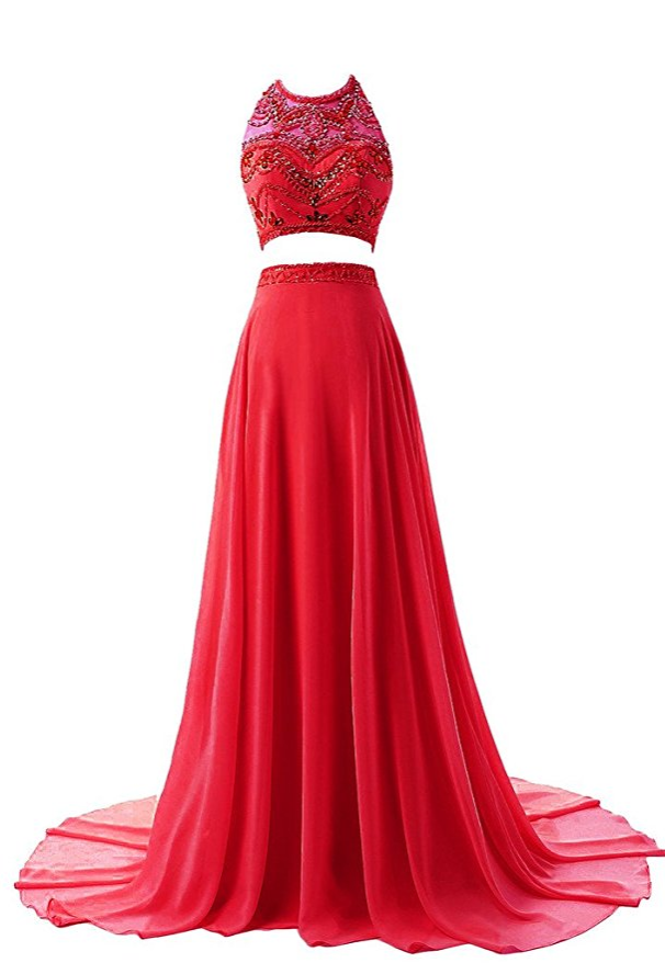 Women's Two Pieces Illusion Neck Beaded Crystals Chiffon Prom Dress