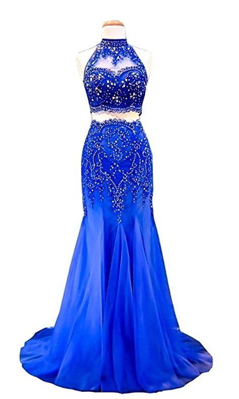 Women's High Neck Lace Applique Beaded Two Piece Mermaid Evening Dress