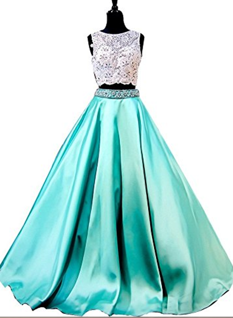Women's Jewel Backless Two Piece Lace Applique Beading Satin Prom Gown