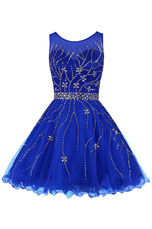 Mini Short Prom Dress Party Dress Classical Scoop A-line Knee Length Tulle Royal Blue Homecoming Dress With Beading