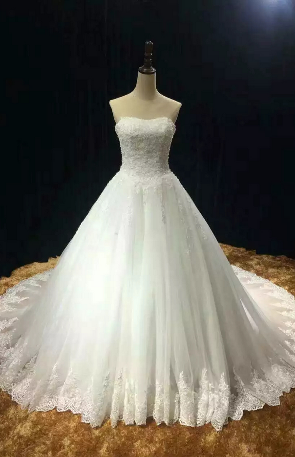 Chapel Train Soft Tulle Lace Appliques Strapless Wedding Dress Real Photo Vestido Noiva Prince With Pearls Custom-made