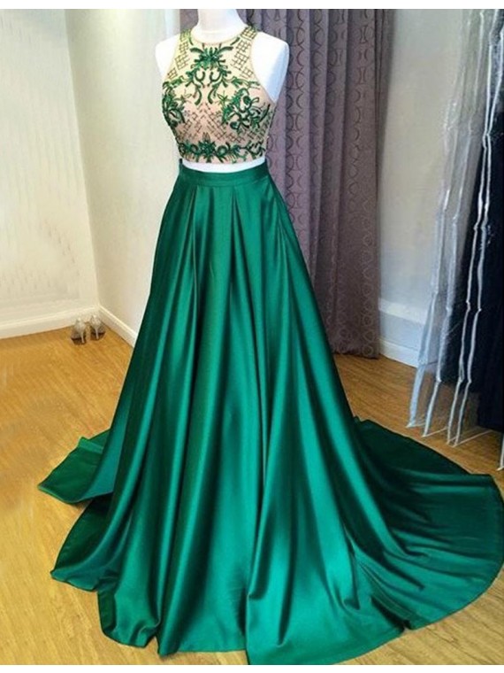 A-line Green Jewel Sweep Train Prom Dress With Embroidery