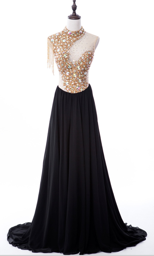 Sexy A-line High Neck Sweep Train Chiffon Black Prom Dress With Beading