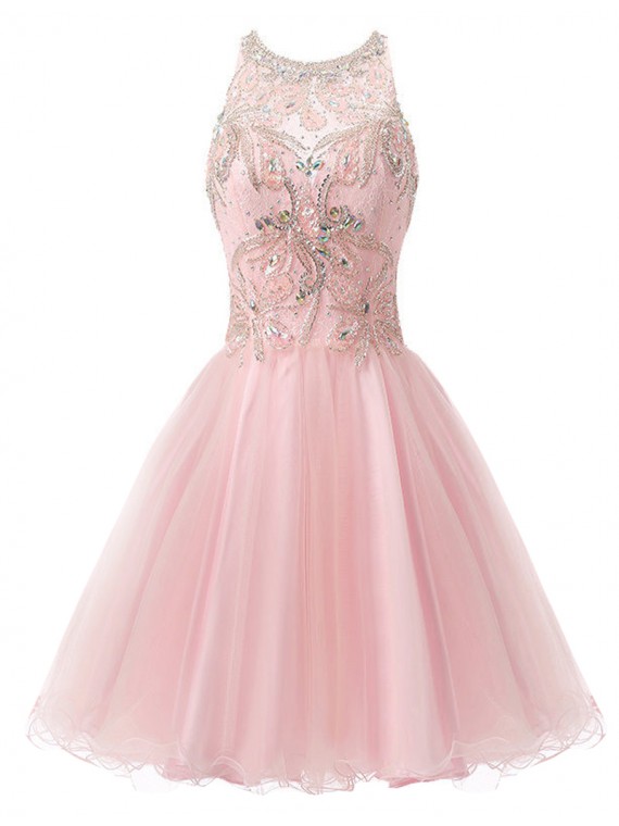 Elegant A-line Round Neck Sleeveless Open Back Pink Short Prom Dress With Lace Beading