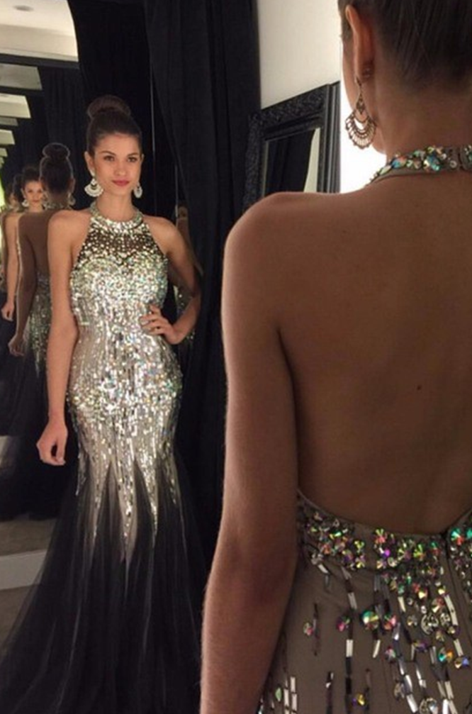 Luxurious Long Prom Party Dress - Mermaid O-neck Backless With Rhinestone