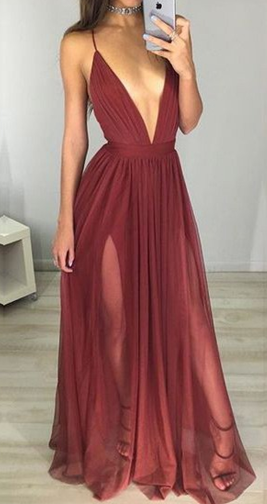 Sexy Maroon Prom Dress Deep V Neck Long Ruched Backless On Luulla 
