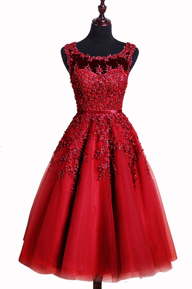 Short Burgundy Prom Dresses 2017 Sexy Sheer Appliqued Tulle Prom Dress