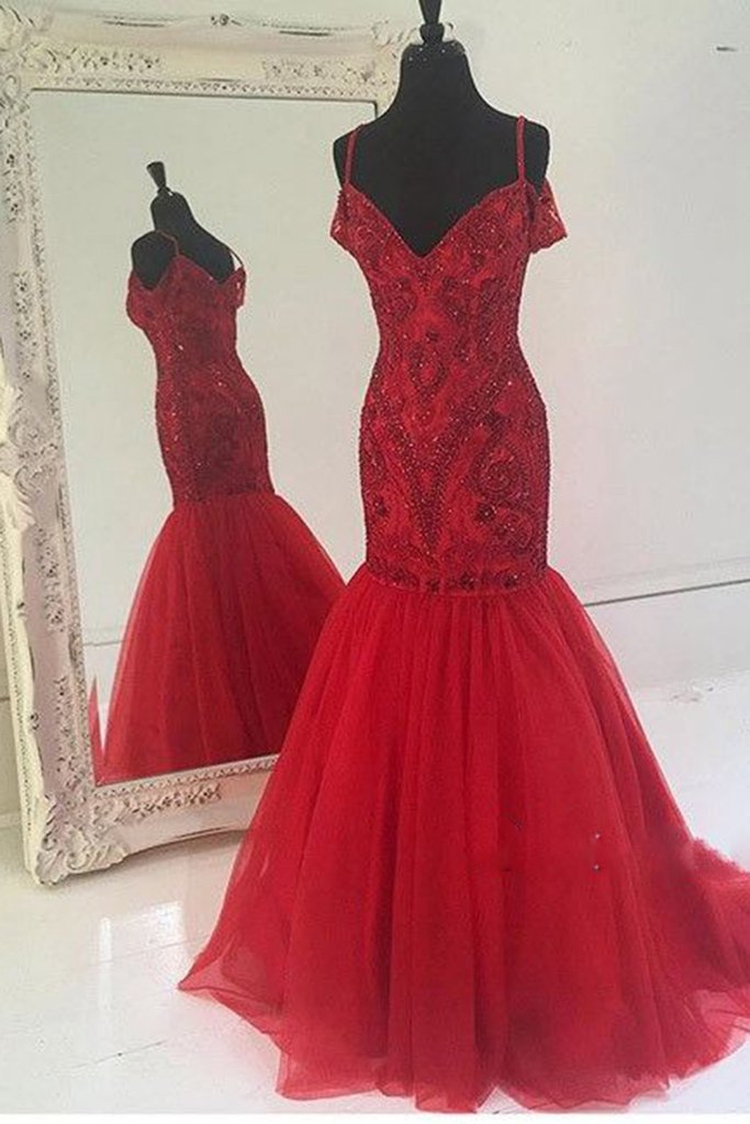 Red Tulle Sequins Beading Mermaid V-neck Long Dress,princess Floor-length Formal Dress