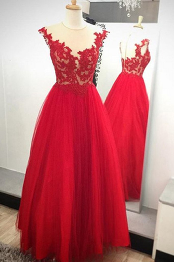 Red Tulle See-through Round Neck Lace Applique Long Dress, A-line Evening Dress Homecoming Dress