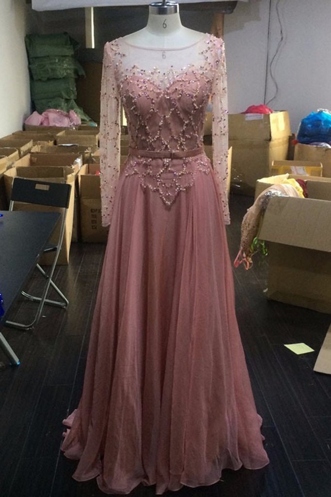 Peach Chiffon See-through Long Sleeves A-line Round Neck Sequins Simple Long Prom Dresses