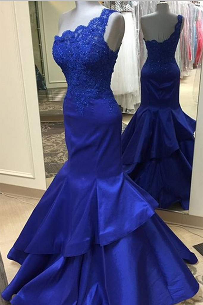 Blue Lace One Shoulder Mermaid Long Dresses,formal Dresses For Graduation