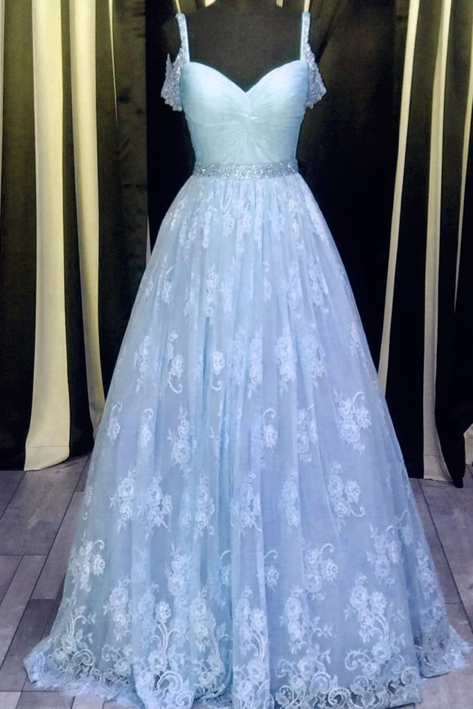 Light Blue Lace V-neck A-line Long Prom Dress,graduation Dresses With Straps