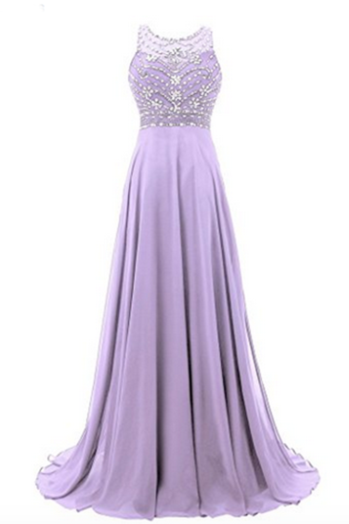Chiffon Round Neck Sequins Beaded A-line Long Prom Dresses For Teens,evening Dress