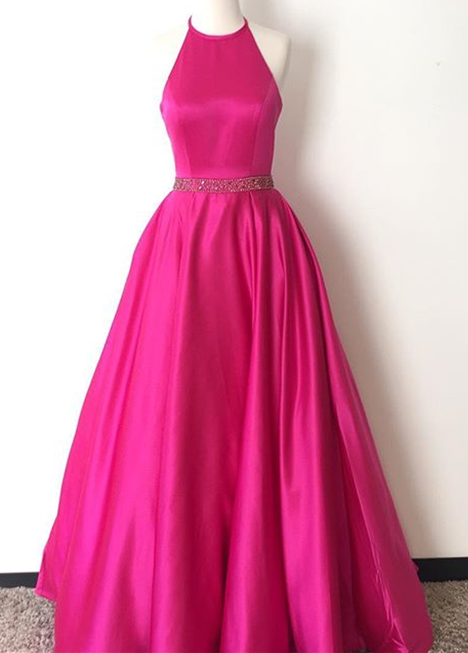 Custom Made Halter Neck Satinfloor-length Long Party Dress, Prom Dresses With Jewel Beaded Waistline