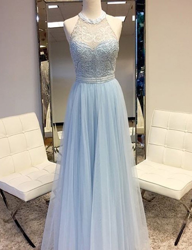 Elegant Round Neck Sleeveless Floor Length Silver Prom Dress With Lace Beading