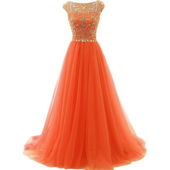  Orange  Long A line Prom  Dresses  Beading Prom  Gowns  With 