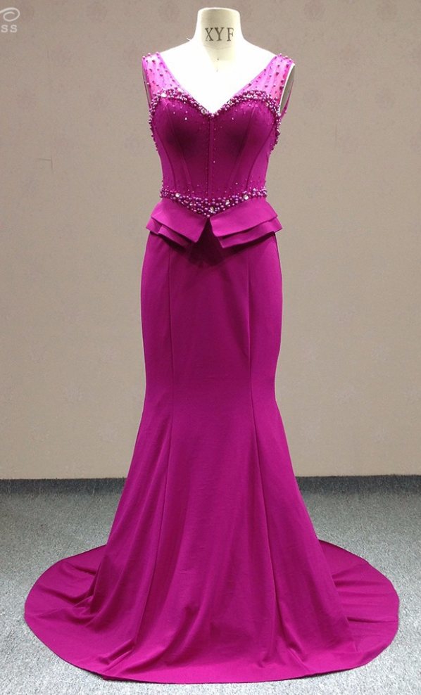 Selling Real Photos Fushia Evening Dress Sexy Beaded Crystal Prom Dress Party Gown For Women Vestido De Festa