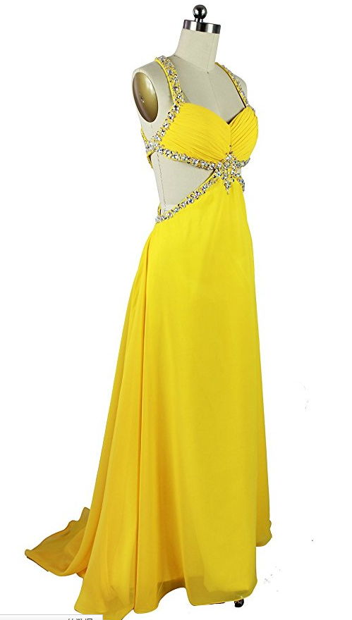 Sexy A Line Backless Formal Gowns Yellow Prom Dress