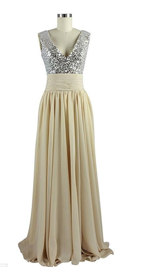 Sleeveless V Neck Sequin Chiffon Champagne Evening Gown Prom Dress