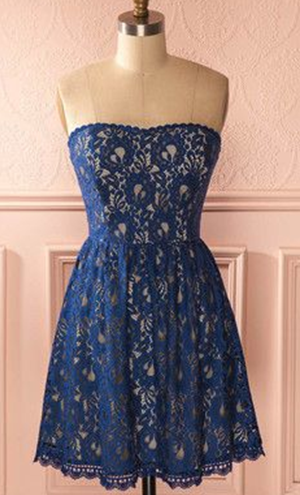 Blue Strapless Lace Short Homecoming Dress, Cocktail Dress, Party Dress, Prom Dress