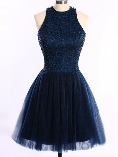 Beads Halter A-line Tulle Mini Prom Homecoming Graduation Party Dress