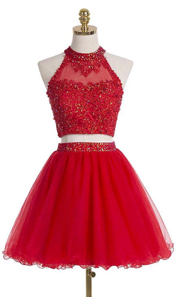Short Mini Dress,two Piece Dress,red Tulle Prom Dress,sequins Beads
