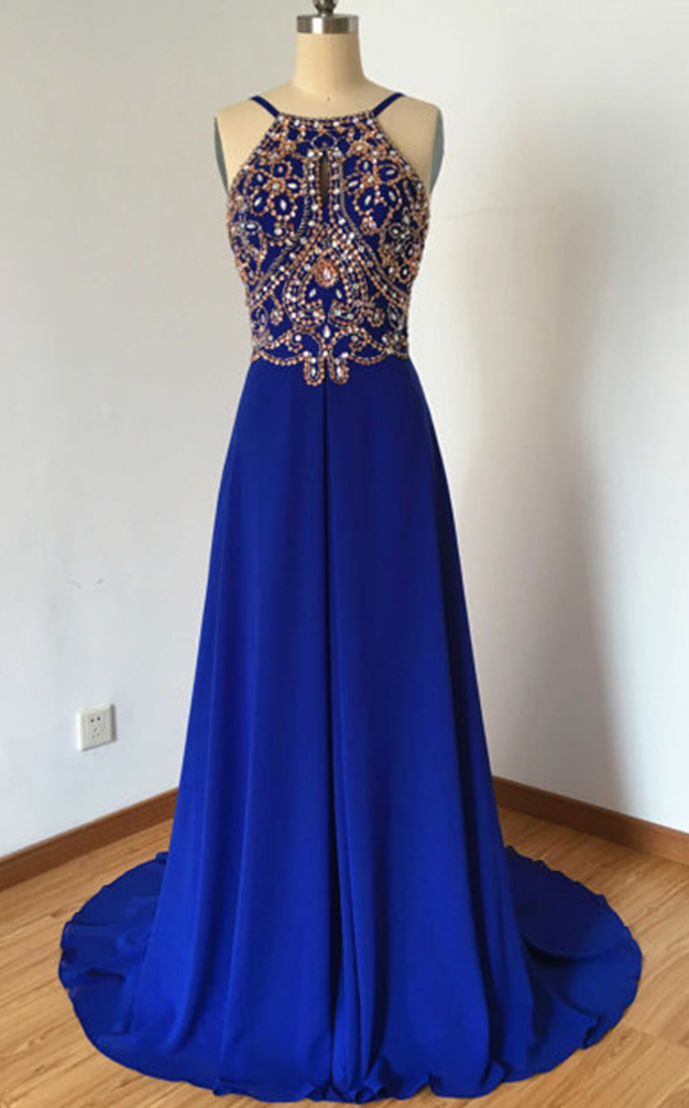 Formal Dress. Blue Chiffon Dress. Strap Evening Dresses, Long Dresses, Hand-beaded Dresses, Prom Dress, Zipper Dress, Strapless Dress