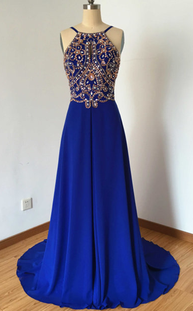 Formal Dress. Blue Chiffon Dress. Strap Evening Dresses, Long Dresses