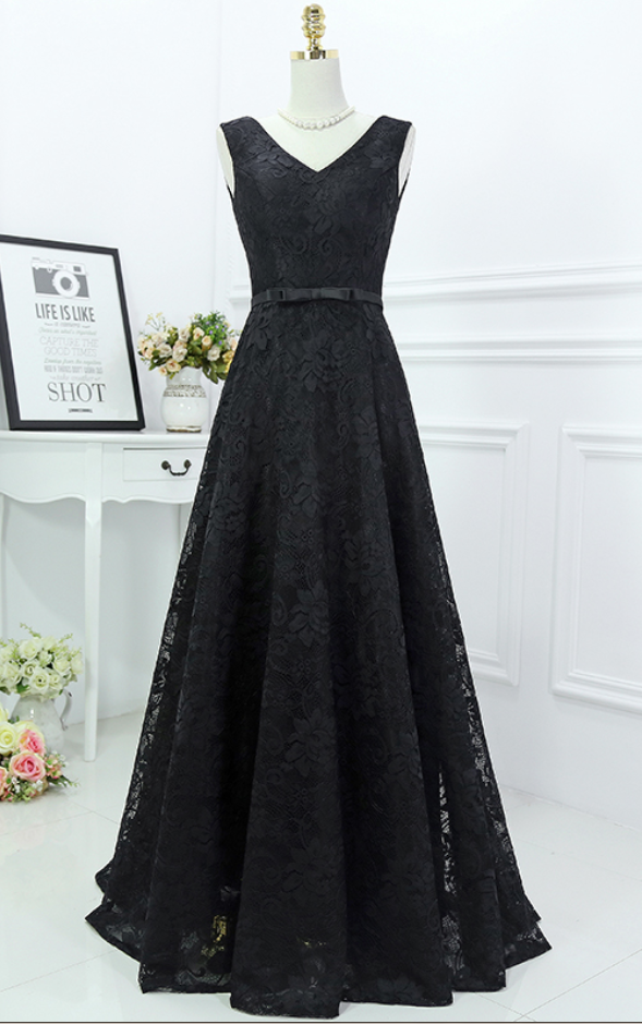 Black Lace Evening Formal Dress V Neck Sash A Line Party Prom Gowns Mother Of Bride Dresses Vestido De Festa Longo