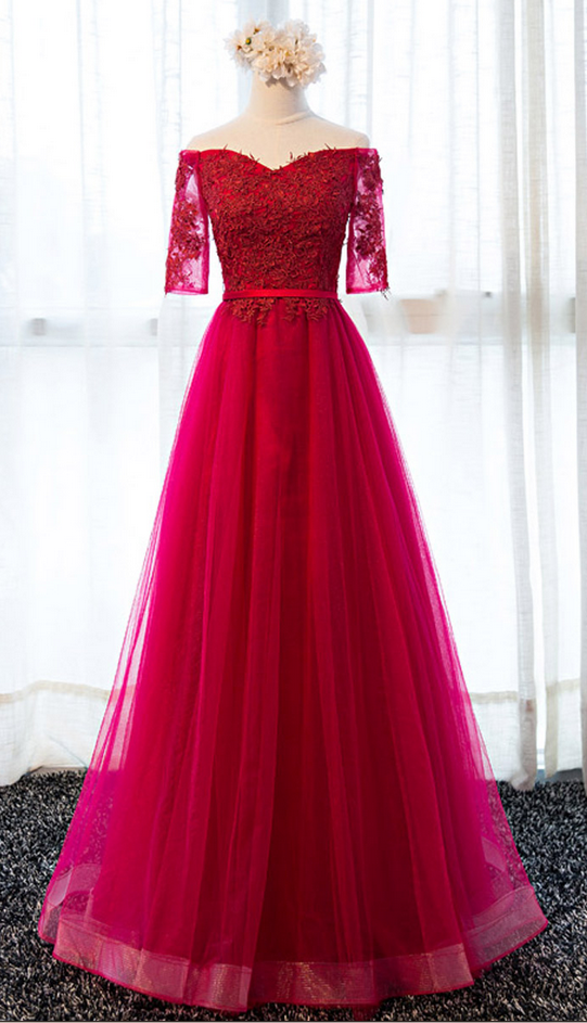 Fuchsia Evening Dress Long Short Sleeve Prom Party Dresses Formal Gown