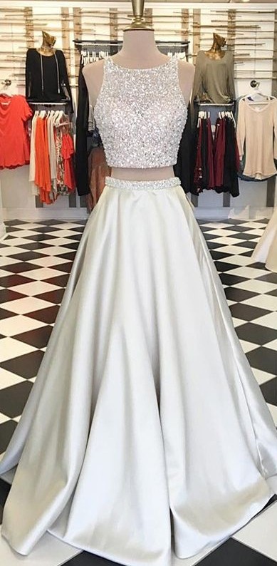 Beaded Prom Dresses,beading Prom Dress,white Prom Gown,2 Pieces Prom Gowns,elegant Evening Dress,two Piece Evening Gowns,2 Pieces Evening