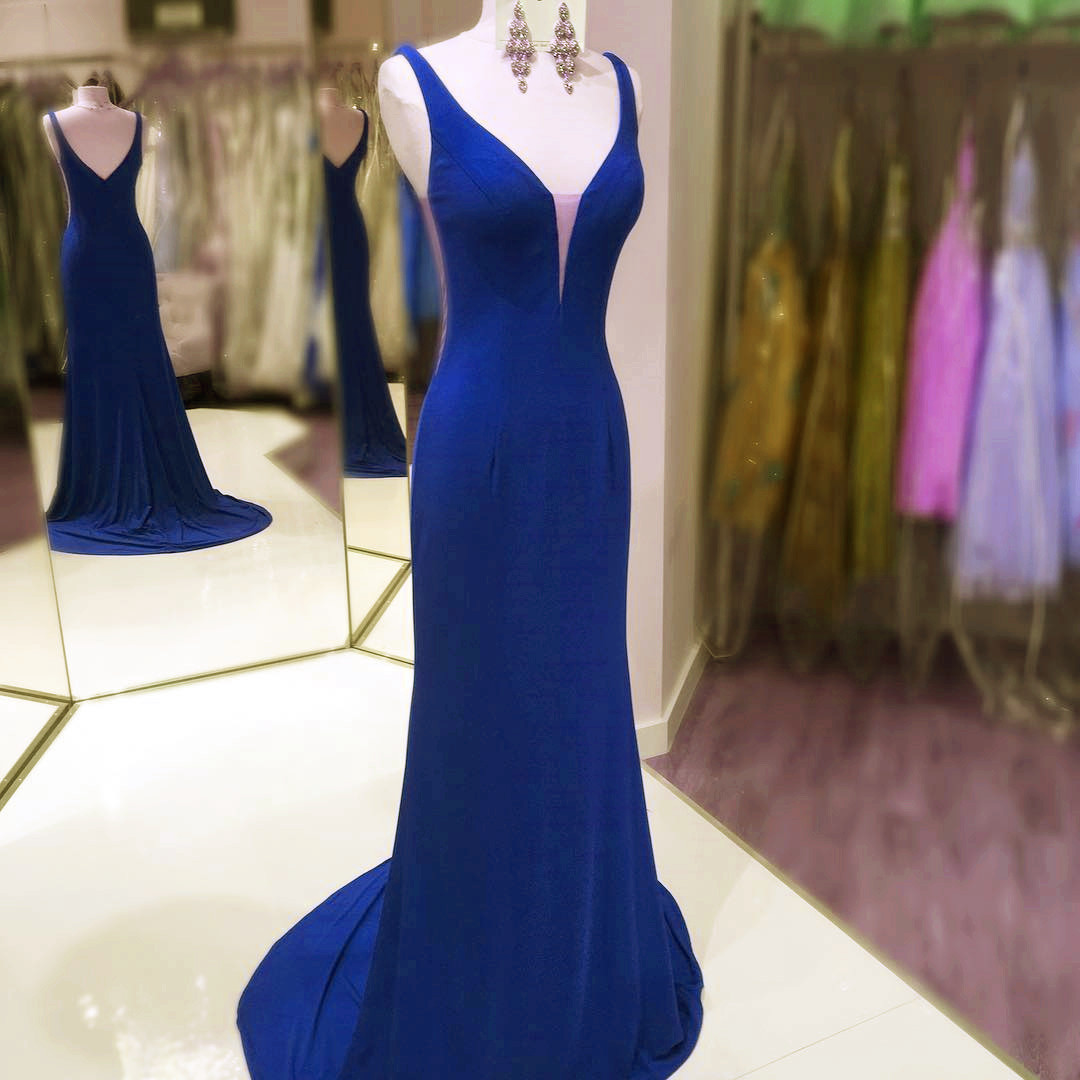 Royal Blue Fitted Formal Gown,fitted Plunging V Neck Party Dress,jersey Evening Dress