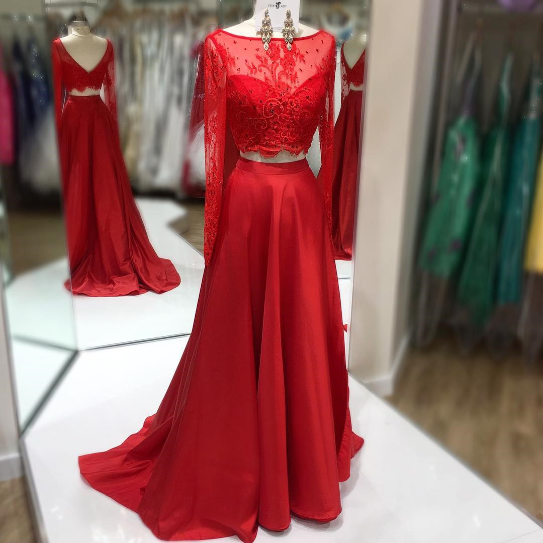 Red Boat Neckline Two Piece Prom Dress, Long Sleeve Formal Gown