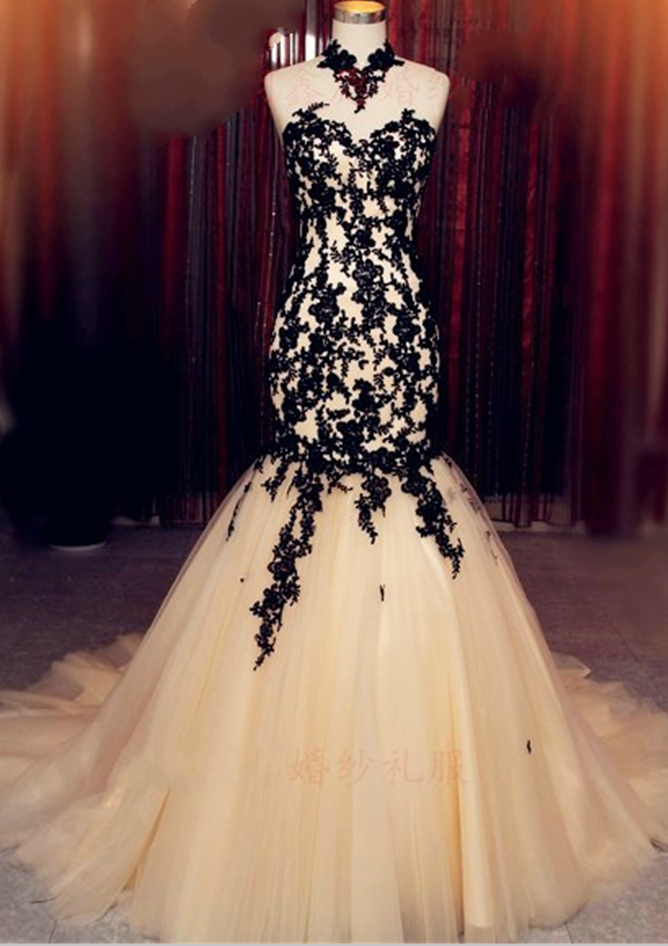 Black Applique High Neck Mermaid Prom Dresses,evening Dress