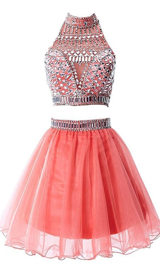 Two Pieces Homecoming Dress Halter Beaded Prom Dress