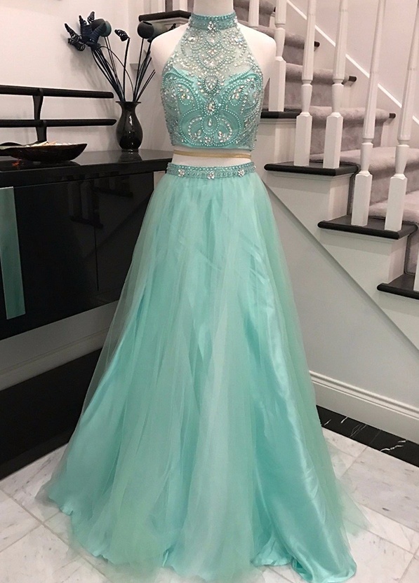 Mint Halter Two Pieces Long Tulle Prom Dresses For Teens,Elegant
